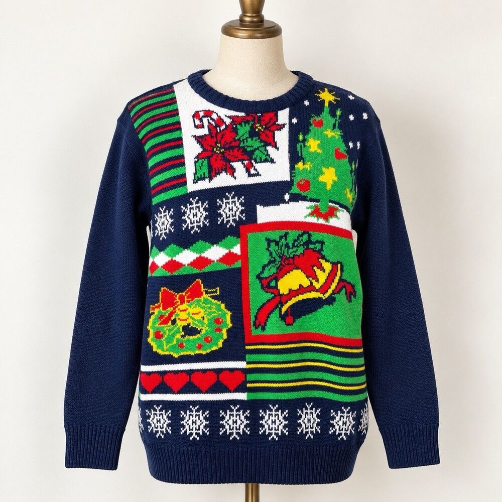 JEM Ugly Christmas Sweater Medium Unisex Holiday Patchwork Tree Snowflake 2014